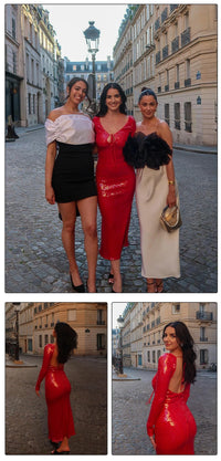 VC Summer New Women's Sexy Deep V-Neck Sequins Long Dress Long Sleeves Cut Out Strings Tied Elegant Luxury Celebrity Party Gowns