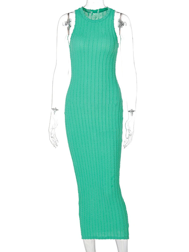 Hugcitar Crochet Sleeveless O-Neck Bodycon Solid Sexy Sweater Dress Summer Women Elegant Y2K Clothes Streetwear Party Club