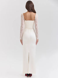 Moziision Lace Long Sleeve Sexy Maxi Dress For Women White Square Collar Backless Back Split Bodycon Club Party Long Dress