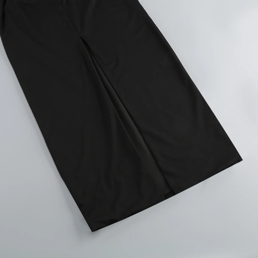 Women's New Sexy Black Decorative FlowerBreast wrapping Dress, Fashion Slim Fit Open Back Bottom Split Party Dress Long