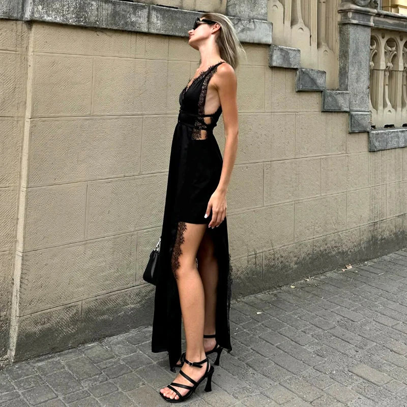 CUTENOVA  2025 Spring And Summer New Solid Color Sleeveless Lace Patchwork Sling High Split Dress Sexy Hottie Fashion Dresses