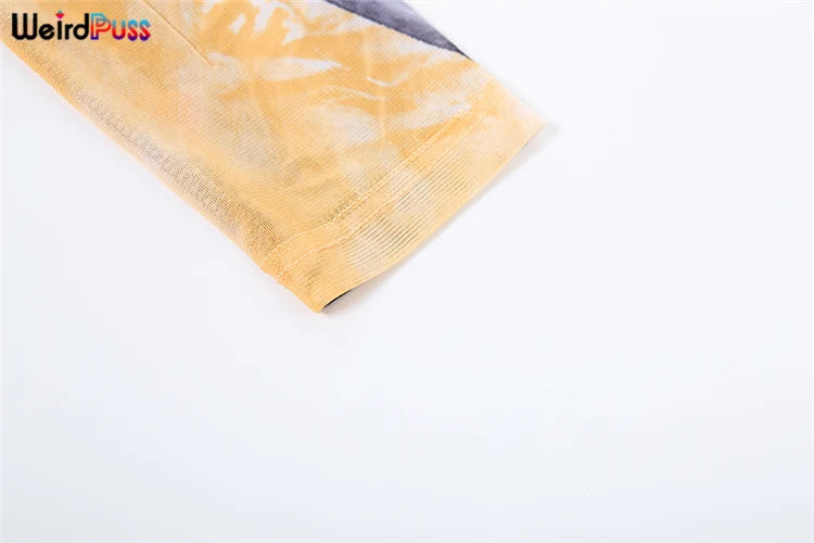 Weird Puss Chic Gradient Print Women Dress See Through Long Sleeve O-Neck Skinny Special Wing Hipster Bodycon Midnight Clubwear