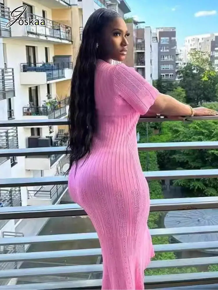 Joskaa Knitted Striped Buttons Round Neck Short Sleeve Body-Shaping Long Dresses for Women Birthday Party Clubwear Streetwear