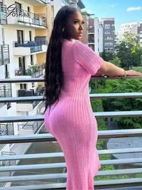 Joskaa Knitted Striped Buttons Round Neck Short Sleeve Body-Shaping Long Dresses for Women Birthday Party Clubwear Streetwear