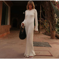 Women's Chic Ruffles Backless Lace Up Knitted Maxi Dress Elegant Round Neck Flare Long Sleeve Vestido 2024 Lady New Fashion Robe