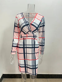 New Autumn/Winter Sexy Long Sleeve V-Neck Wrapped Hip Print Dress for Women