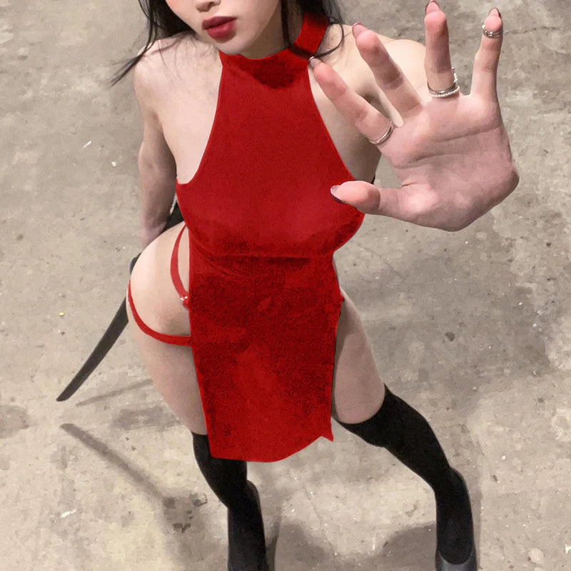 Goth Dark Cosplay High Split Side Sexy Sleeveless Dresses Gothic High Waist Y2k Slim Women Dress Harajuku Summer Night Clubwear