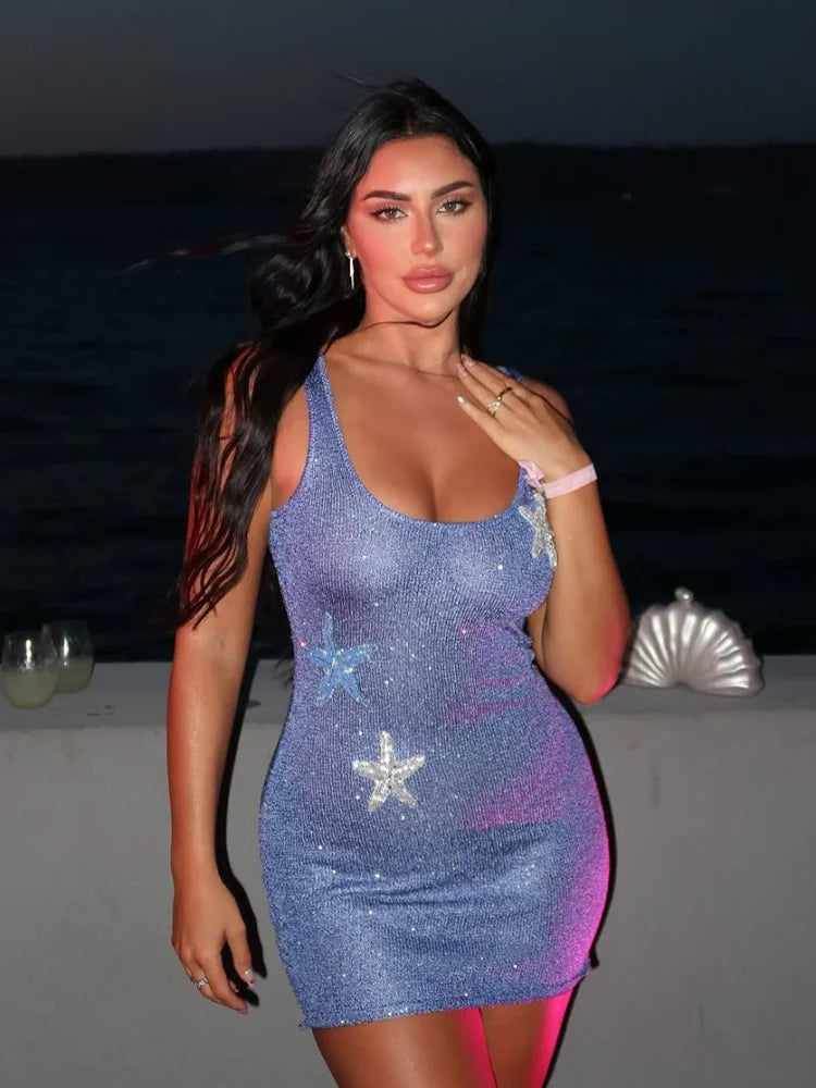 2025 Fashion Purple Printed Starfish Backless Shiny Mini Dress Women's Chic Slim Fit U-neck Sling Short Dresses Lady Party Gowns
