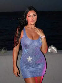 2025 Fashion Purple Printed Starfish Backless Shiny Mini Dress Women's Chic Slim Fit U-neck Sling Short Dresses Lady Party Gowns