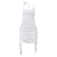 WhereMery Elegant Women Ruffles Backless Mini Dress Y2K Fashion Sleeveless Halter 2024 Summer Dresses Sexy Low-cut Tight Vestido