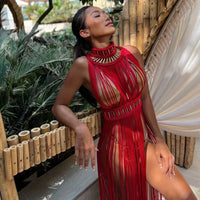 Modphy 2025 White Black Women Turtleneck Long Tassel Sexy Perspective Design Maxi Dress Fashion Club Beach Vacation Party Dress