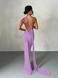 Hugcitar One Shoulder Backless Adjustable Scarf Loop Ruched Sexy Maxi Dress 2024 Women Elegant Y2K Streetwear Festival Outfit