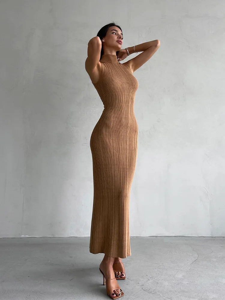 Tossy Sleeveless Knitwear Turtleneck Long Dress Female Slim Elegant Fashion Autumn 2023 Ribbed Knit Dress For Women Maxi Dress