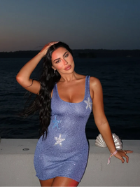2025 Fashion Purple Printed Starfish Backless Shiny Mini Dress Women's Chic Slim Fit U-neck Sling Short Dresses Lady Party Gowns