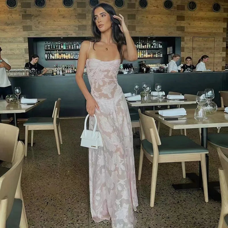 2023 Summer New Dresses For Women Spaghetti Strap Lace Hollow Out Low Cut Sexy A-lin Long Dress Beach Vacation Fashion Vestidos