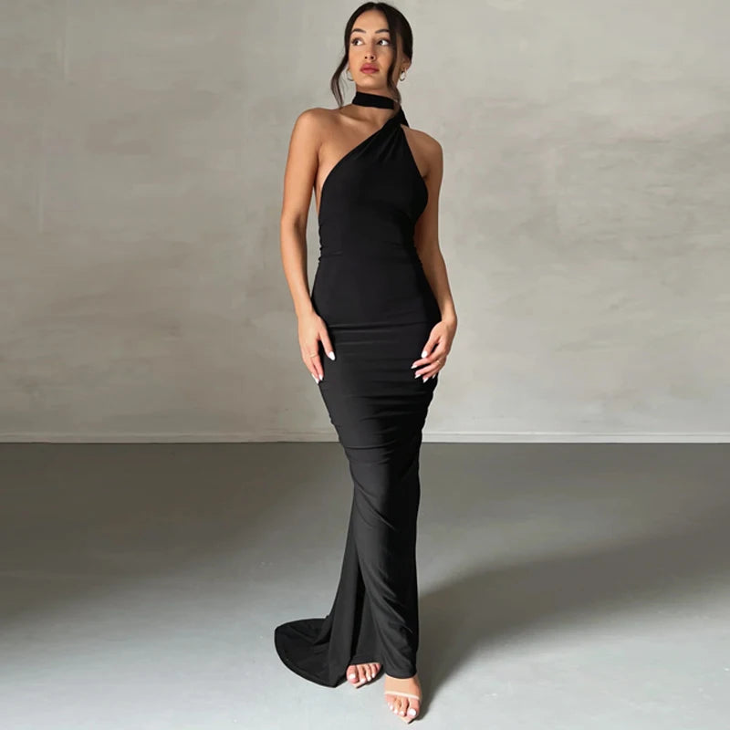 Hugcitar One Shoulder Backless Adjustable Scarf Loop Ruched Sexy Maxi Dress 2024 Women Elegant Y2K Streetwear Festival Outfit