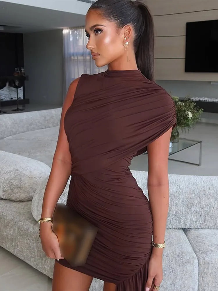 Women Fashion Irregular Pleated Tassels Mini Dress Elegant Turtleneck Sleeveless High Waist Vestidos 2025 New Party Club Dresses