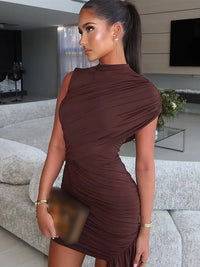 Women Fashion Irregular Pleated Tassels Mini Dress Elegant Turtleneck Sleeveless High Waist Vestidos 2025 New Party Club Dresses