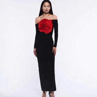Women's New Sexy Black Decorative FlowerBreast wrapping Dress, Fashion Slim Fit Open Back Bottom Split Party Dress Long