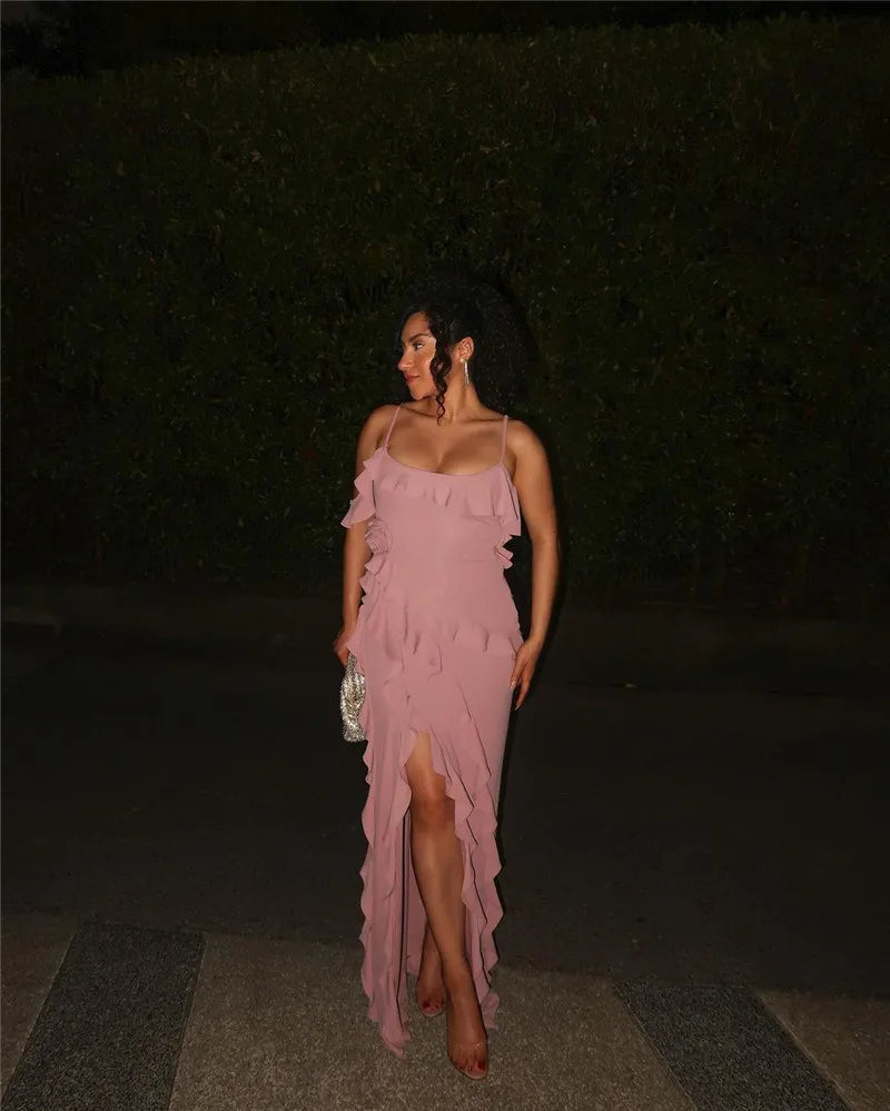 Mozision Elegant Ruffle Sexy Maxi Dress Women Spaghetti Strap Flower Sleeveless Backless High Split Club Party Evening Dress