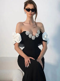 Women Celebrity Summer Sexy Off Shoulder Black Flower Maxi Long Bodycon Bandage Dress 2024 Elegant Evening Club Party Outfit