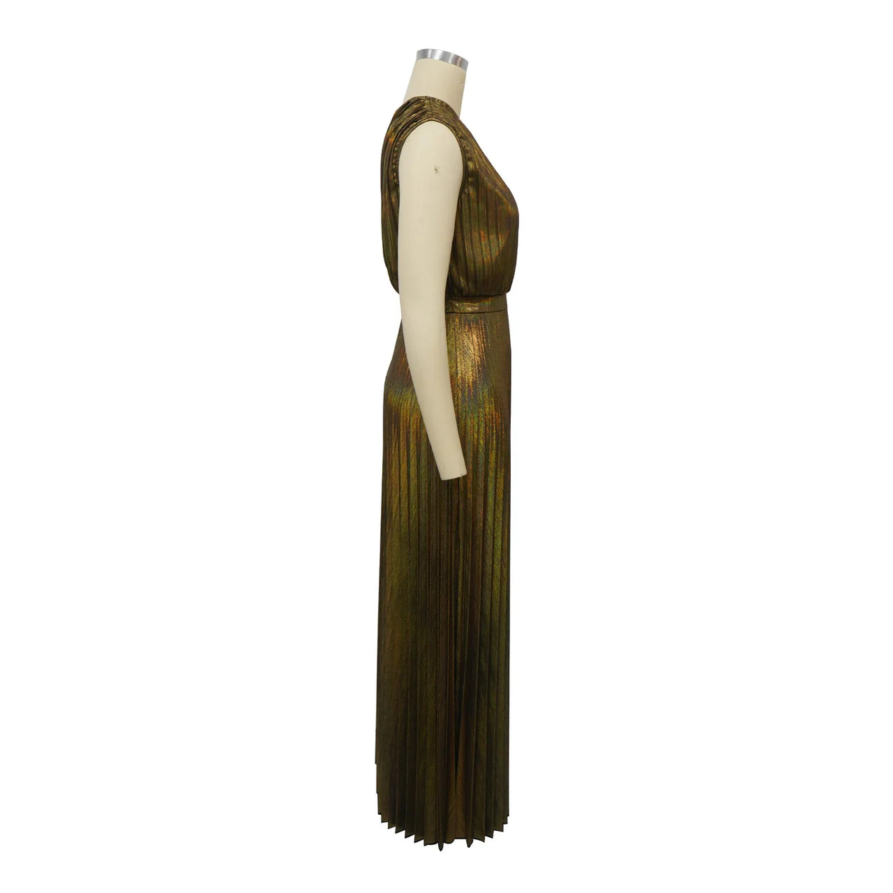 Elegant Women Even Dresses Luxury Maxi Long Metallic Pleated Dress One Shoulder Sleeveless Premium Shiny Shimmer Gowns
