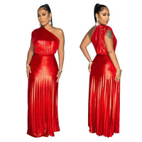 Elegant Women Even Dresses Luxury Maxi Long Metallic Pleated Dress One Shoulder Sleeveless Premium Shiny Shimmer Gowns