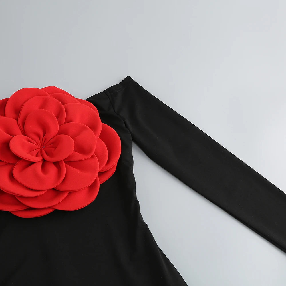 Women's New Sexy Black Decorative FlowerBreast wrapping Dress, Fashion Slim Fit Open Back Bottom Split Party Dress Long