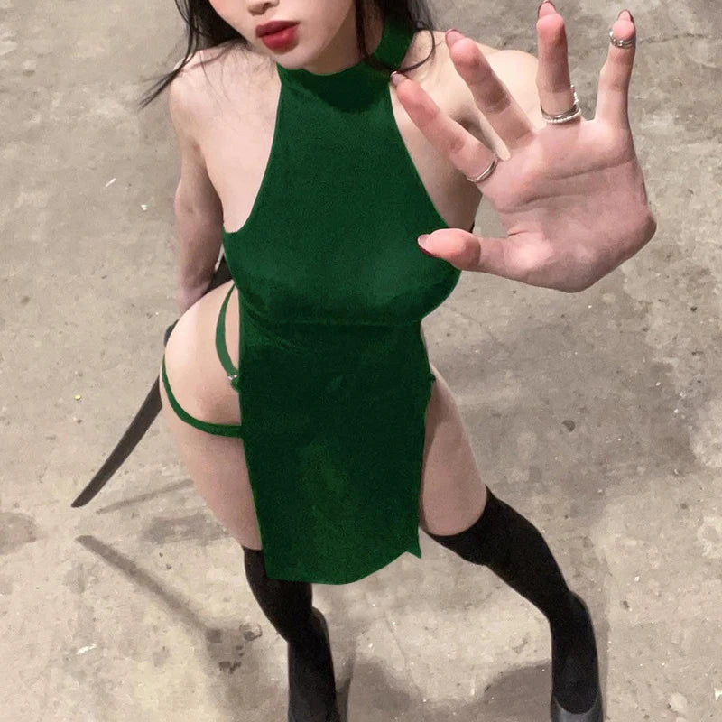 Goth Dark Cosplay High Split Side Sexy Sleeveless Dresses Gothic High Waist Y2k Slim Women Dress Harajuku Summer Night Clubwear