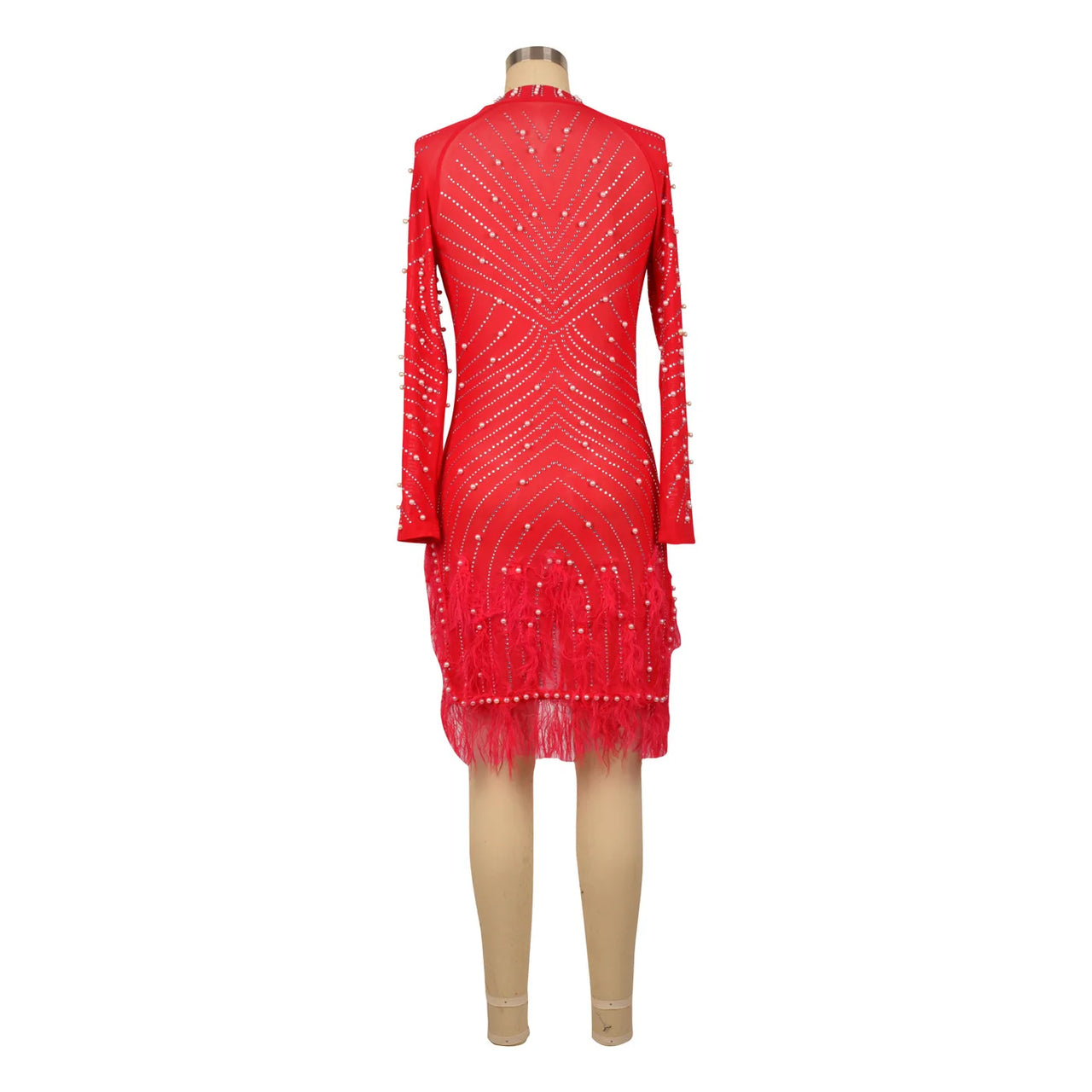 Sexy Pearls Rhinestone Party Dresses Women Elegant Nightclub Feather Birthday Dress Long Sleeve Mesh Sheer Bodycon Dress