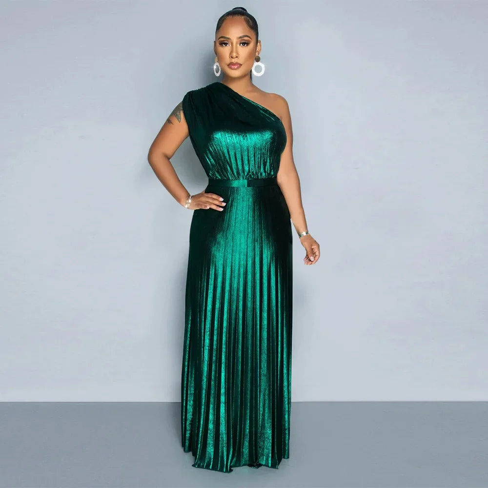 Elegant Women Even Dresses Luxury Maxi Long Metallic Pleated Dress One Shoulder Sleeveless Premium Shiny Shimmer Gowns