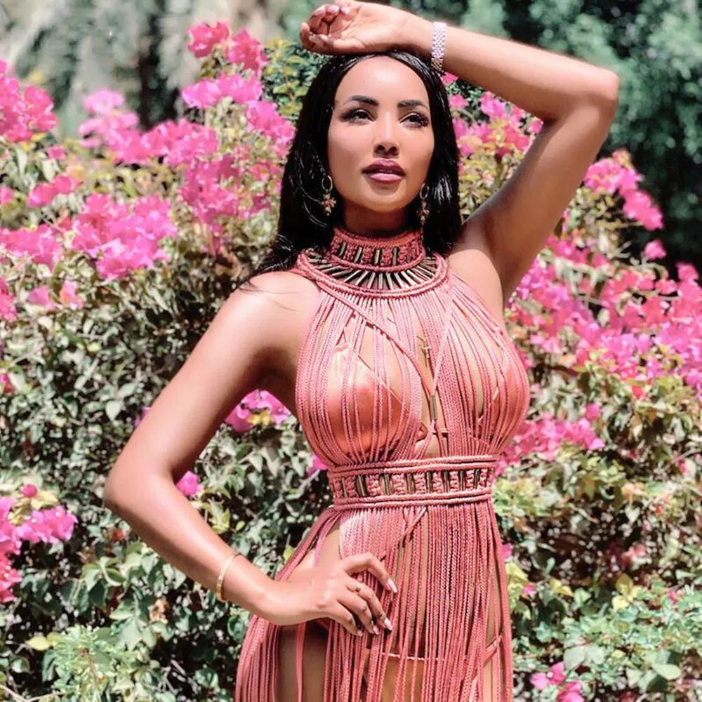 Modphy 2025 White Black Women Turtleneck Long Tassel Sexy Perspective Design Maxi Dress Fashion Club Beach Vacation Party Dress