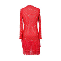 Sexy Pearls Rhinestone Party Dresses Women Elegant Nightclub Feather Birthday Dress Long Sleeve Mesh Sheer Bodycon Dress