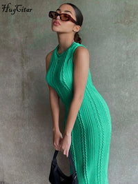 Hugcitar Crochet Sleeveless O-Neck Bodycon Solid Sexy Sweater Dress Summer Women Elegant Y2K Clothes Streetwear Party Club