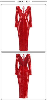 VC Summer New Women's Sexy Deep V-Neck Sequins Long Dress Long Sleeves Cut Out Strings Tied Elegant Luxury Celebrity Party Gowns