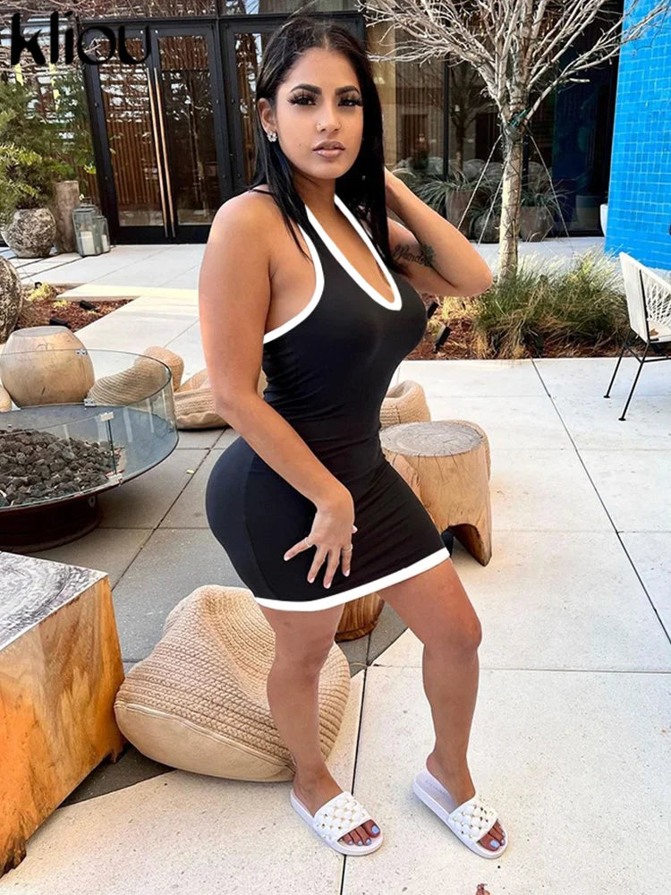 kliou Halter Women Dresses Classic New Panelled Trim Backless V-neck Body-shaping Simple Vestidos Female Summer Thin Streetwear