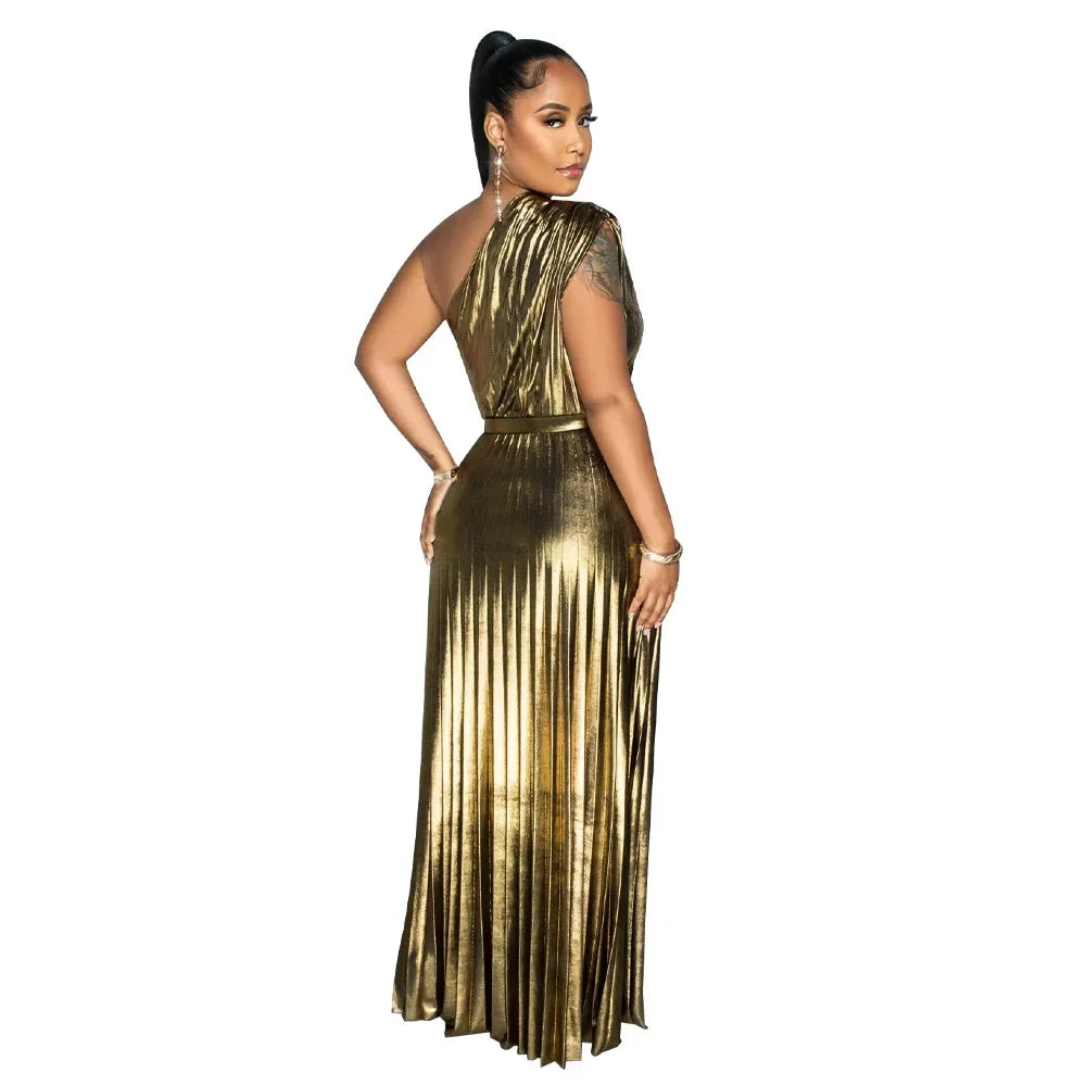 Elegant Women Even Dresses Luxury Maxi Long Metallic Pleated Dress One Shoulder Sleeveless Premium Shiny Shimmer Gowns