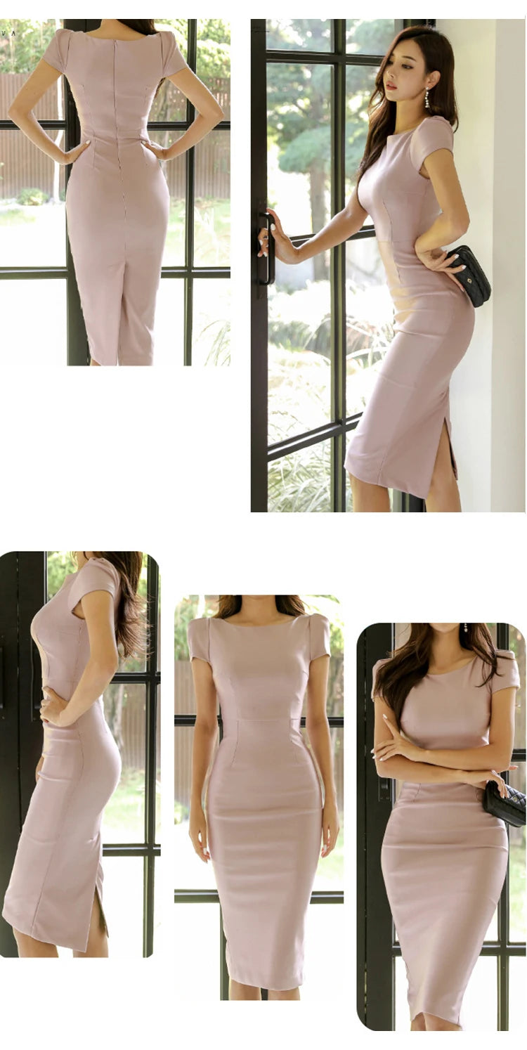 Fashion Simple Sweet Midi Dress Women Pink Short Sleeve Bodycon Skinny Split Robe Femme Elegant Office Lady Party Clothes Female