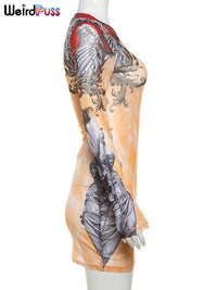 Weird Puss Chic Gradient Print Women Dress See Through Long Sleeve O-Neck Skinny Special Wing Hipster Bodycon Midnight Clubwear