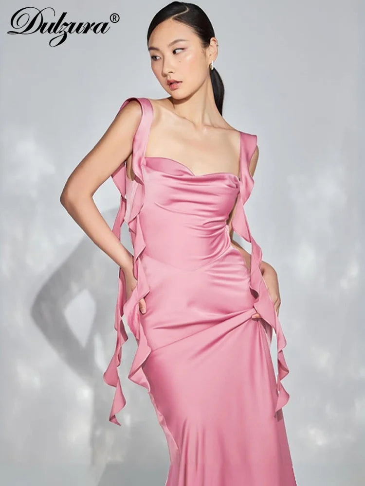 Dulzura Satin Backless Maxi Dress Tassels Sexy Sleeveless 2024 Summer Women Body-Shaping Clubwear Birthday Party Elegant