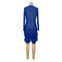 Sexy Pearls Rhinestone Party Dresses Women Elegant Nightclub Feather Birthday Dress Long Sleeve Mesh Sheer Bodycon Dress