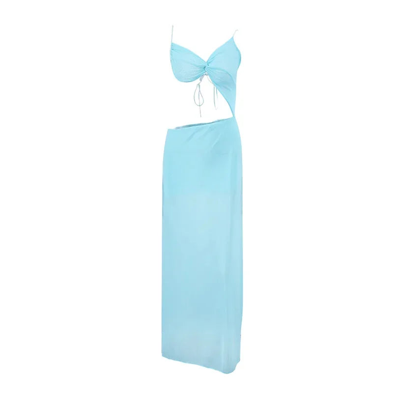 Vacation Hollow Out Mesh Long Sling Dress For Women Y2k Irregular Sleeveless Side Split Beach Suspender Dress Lady Evening Robe
