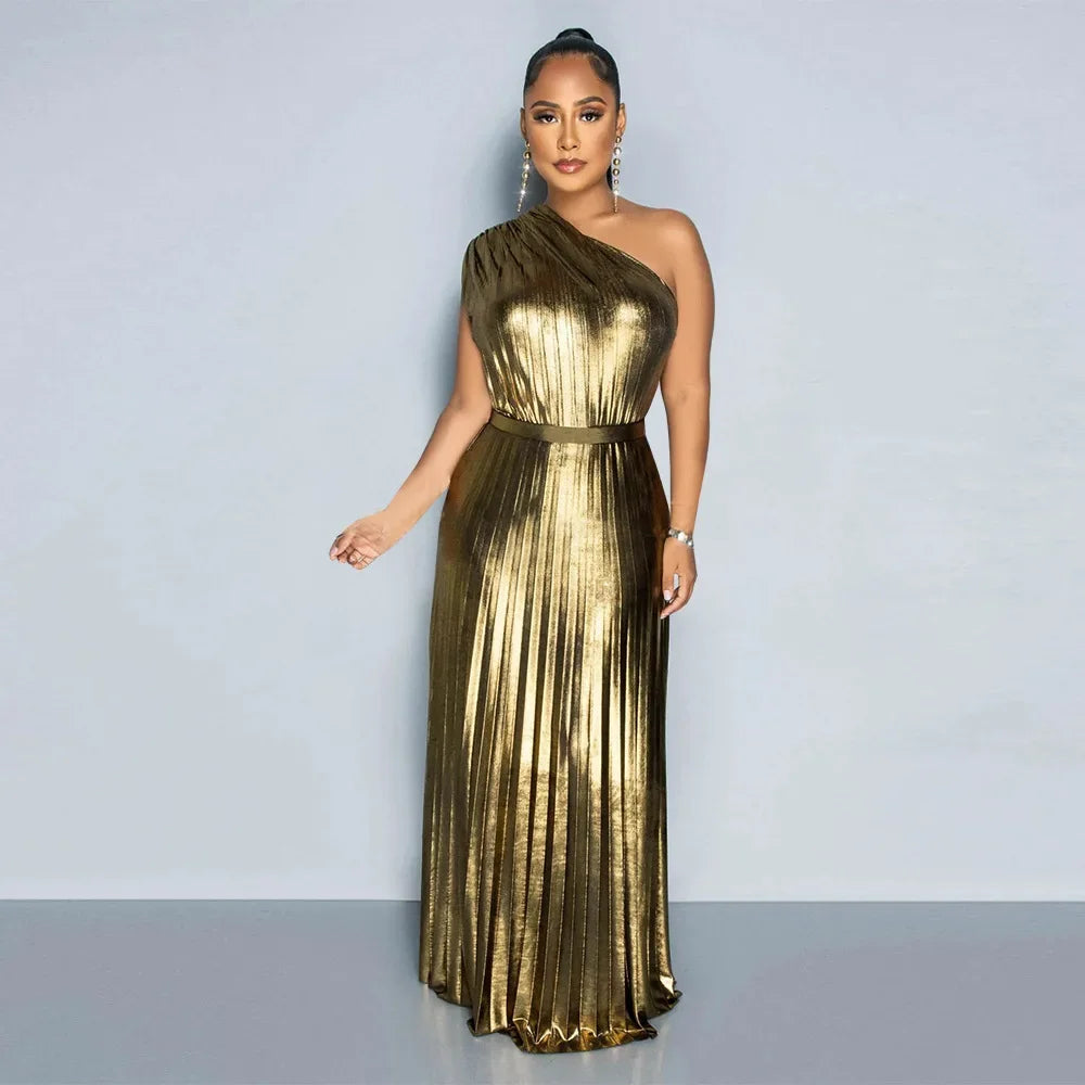 Elegant Women Even Dresses Luxury Maxi Long Metallic Pleated Dress One Shoulder Sleeveless Premium Shiny Shimmer Gowns
