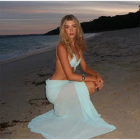 Vacation Hollow Out Mesh Long Sling Dress For Women Y2k Irregular Sleeveless Side Split Beach Suspender Dress Lady Evening Robe