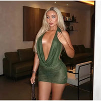 Sexy Sequin Halter Short Dress Women Backless Sleeveless Hip Package Party Dresses Female 2025 Summer Chic Night Club Robe Lady