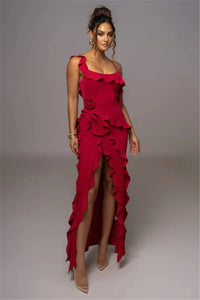 Mozision Elegant Ruffle Sexy Maxi Dress Women Spaghetti Strap Flower Sleeveless Backless High Split Club Party Evening Dress