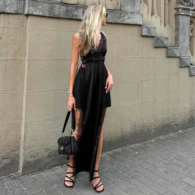 CUTENOVA  2025 Spring And Summer New Solid Color Sleeveless Lace Patchwork Sling High Split Dress Sexy Hottie Fashion Dresses