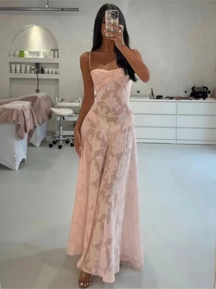 2023 Summer New Dresses For Women Spaghetti Strap Lace Hollow Out Low Cut Sexy A-lin Long Dress Beach Vacation Fashion Vestidos