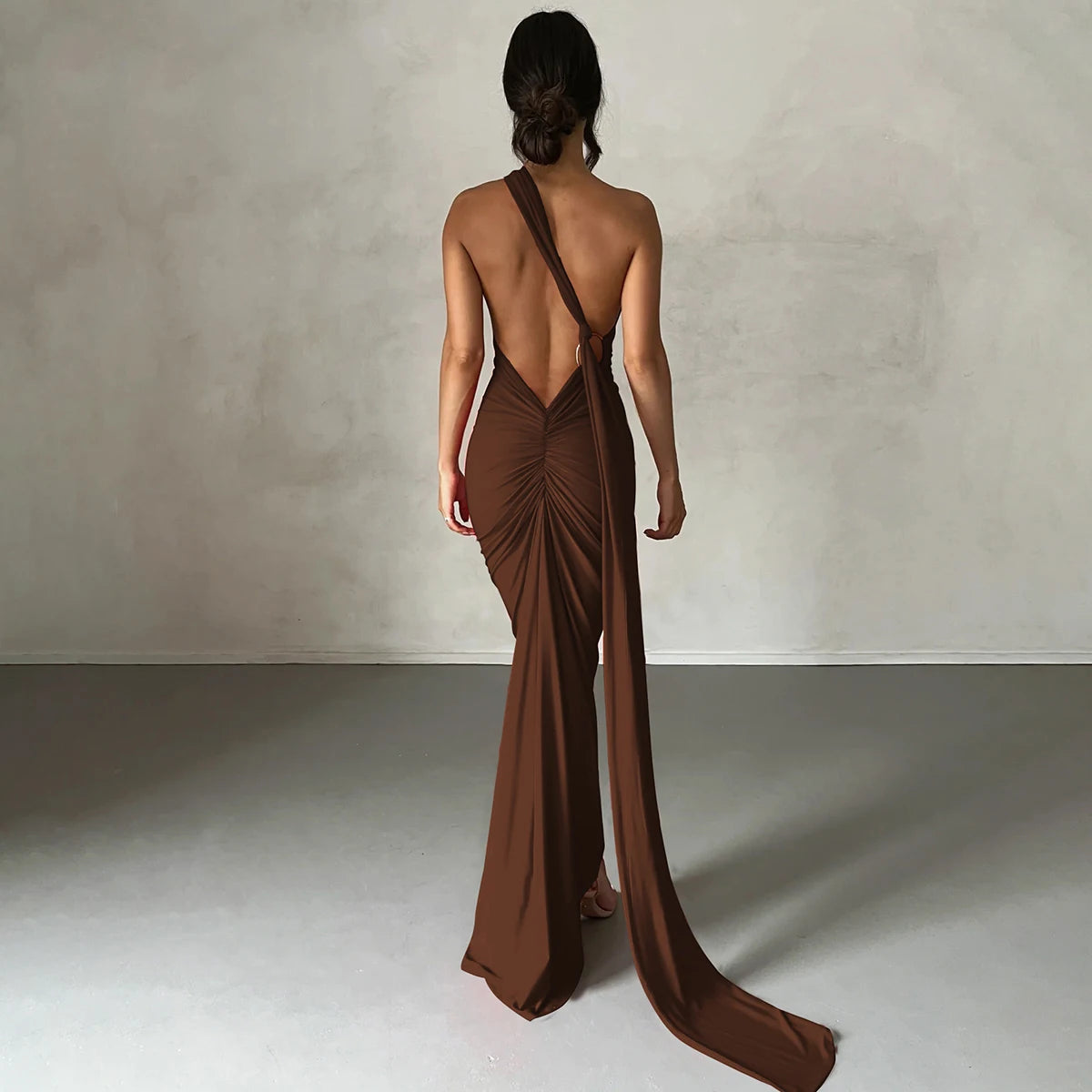 Hugcitar One Shoulder Backless Adjustable Scarf Loop Ruched Sexy Maxi Dress 2024 Women Elegant Y2K Streetwear Festival Outfit