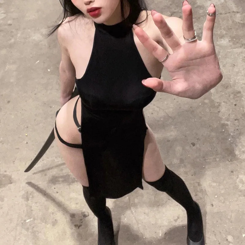Goth Dark Cosplay High Split Side Sexy Sleeveless Dresses Gothic High Waist Y2k Slim Women Dress Harajuku Summer Night Clubwear
